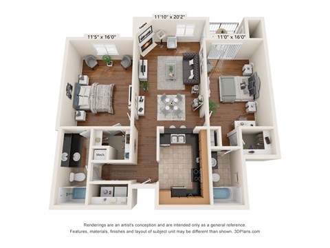 Floor plan for 2 beds, 2 baths, 1100 sqft